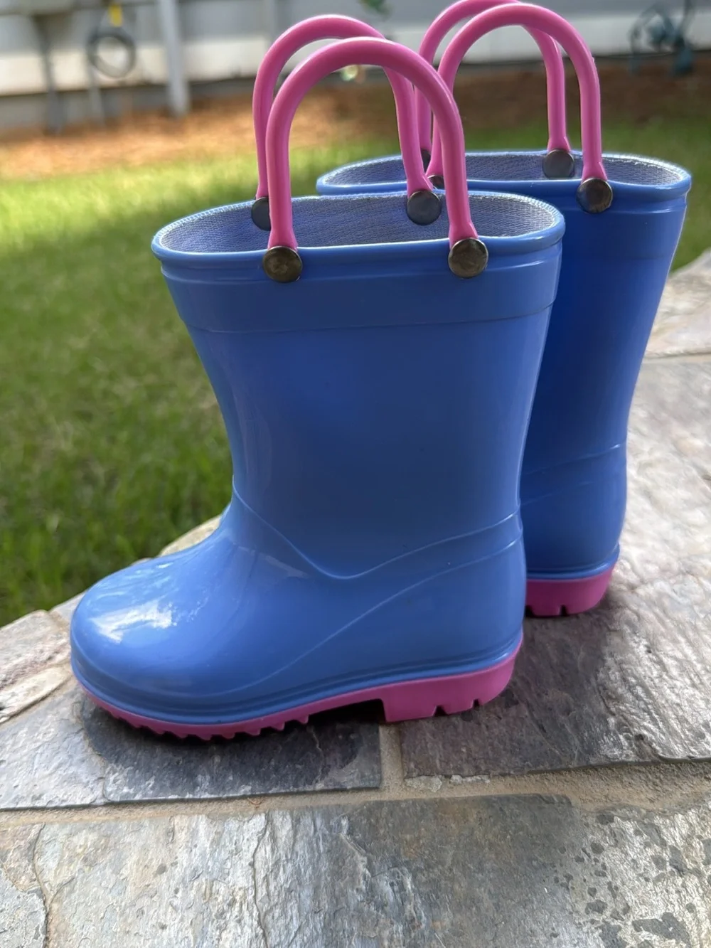 Kids Waterproof Blue Rain Boots with Pink Handles